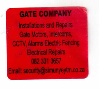 Simunye Security and Electronics Gate Company Installations and Repairs Gate motors, intercoms, CCTV, Alarm Electric Fencing Electrical Repairs 082 331 3657 Email: security@simunyeytm.co.za